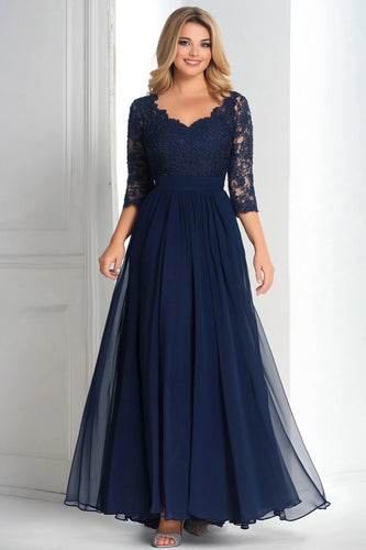 Lace V-Neck Navy Chiffon Mother of the Bride Dress