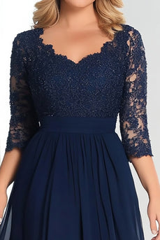 Lace V-Neck Navy Chiffon Mother of the Bride Dress