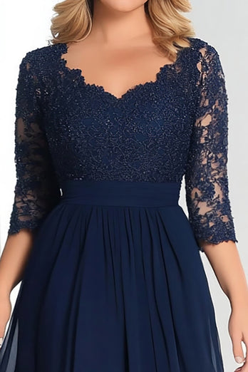 Lace V-Neck Navy Chiffon Mother of the Bride Dress