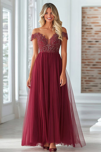 Elegant Burgundy Off The Shoulder Lace Mother of the Bride Dress with Tulle