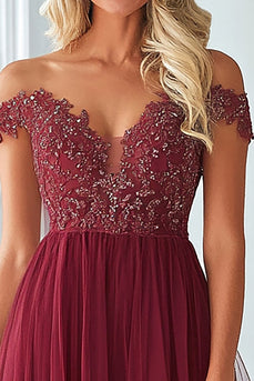 Elegant Burgundy Off The Shoulder Lace Mother of the Bride Dress with Tulle