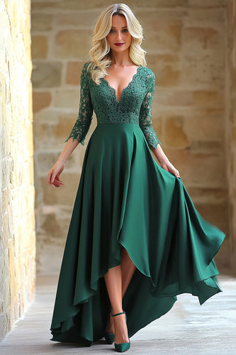 Dark Green High-Low A Line Lace Mother of the Bride Dress with 3/4 Sleeves