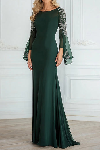 Dark Green Chiffon Scoop Neck A Line Lace Mother of the Bride Dress with Long Sleeves