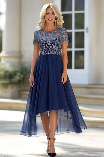 Navy Scoop Neck Tulle Mother of the Bride Dress with Short Sleeves