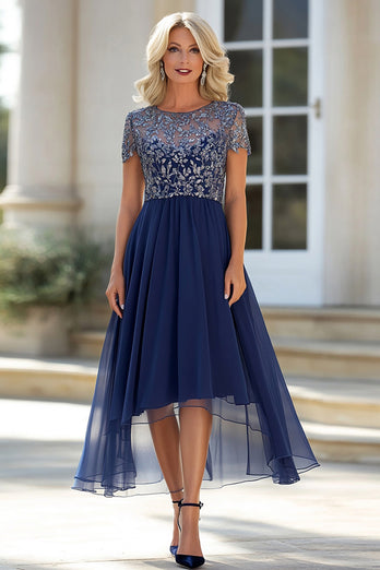 Navy Scoop Neck Tulle Mother of the Bride Dress with Short Sleeves