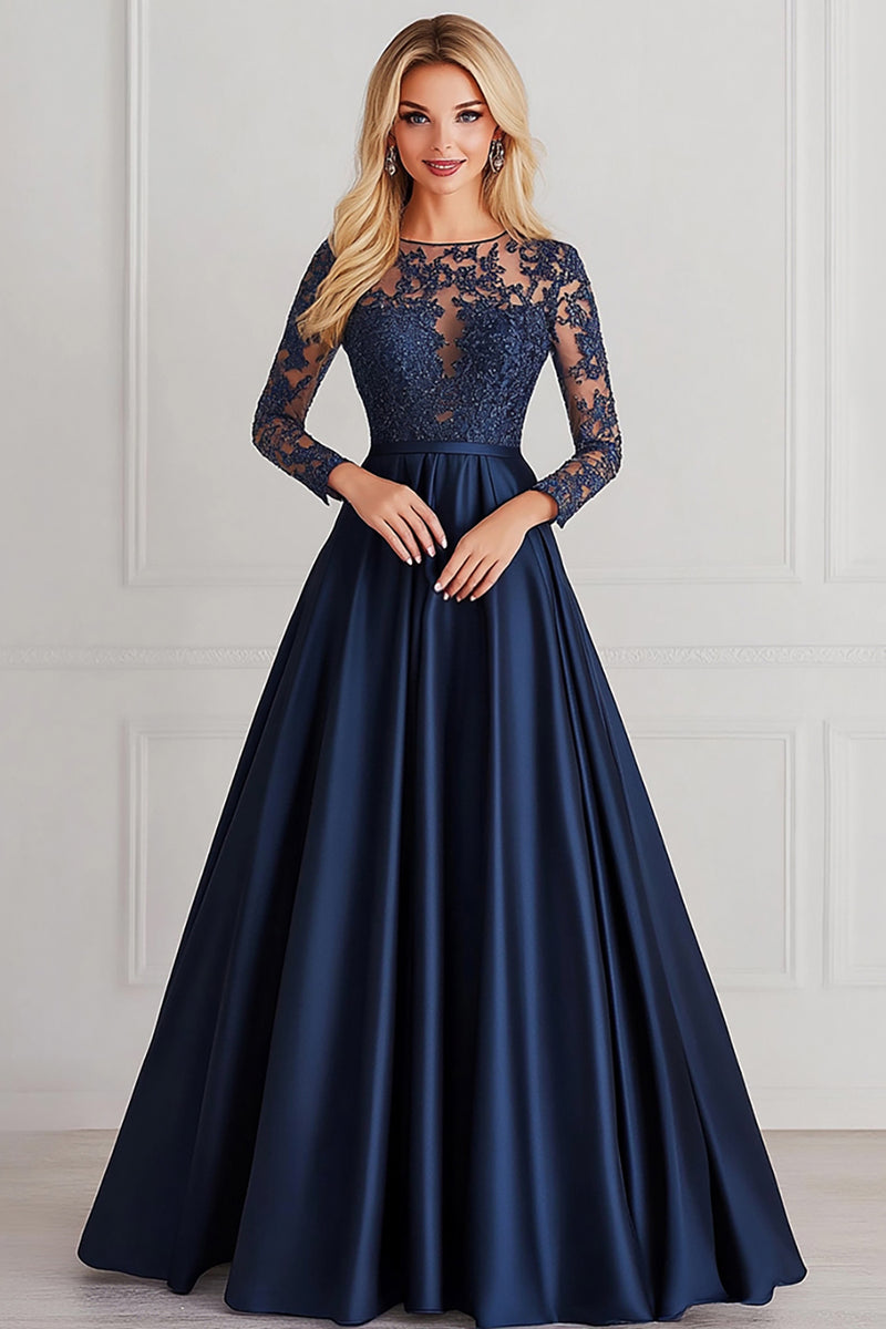 Load image into Gallery viewer, Navy Scoop Neck Lace Satin Mother of the Bride Dress with Long Sleeves