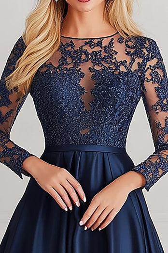 Navy Scoop Neck Lace Satin Mother of the Bride Dress with Long Sleeves