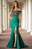 Load image into Gallery viewer, Green Off The Shoulder Satin Mother of the Bride Dress with Slit