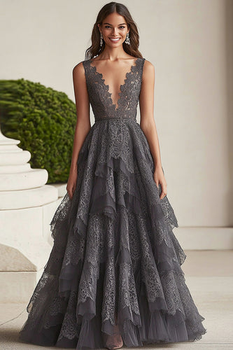 Dark Grey Ruffled A Line Lace Mother of the Bride Dress