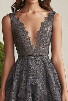 Dark Grey Ruffled A Line Lace Mother of the Bride Dress