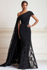 Load image into Gallery viewer, Black Off The Shoulder Lace Sheath Mother of the Bride Dress with Side Cape