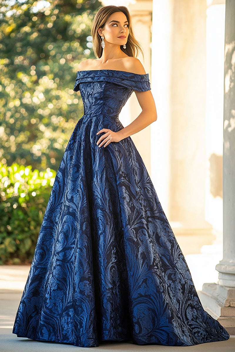 Load image into Gallery viewer, Navy Off The Shoulder Jacquard A Line Mother of the Bride Dress