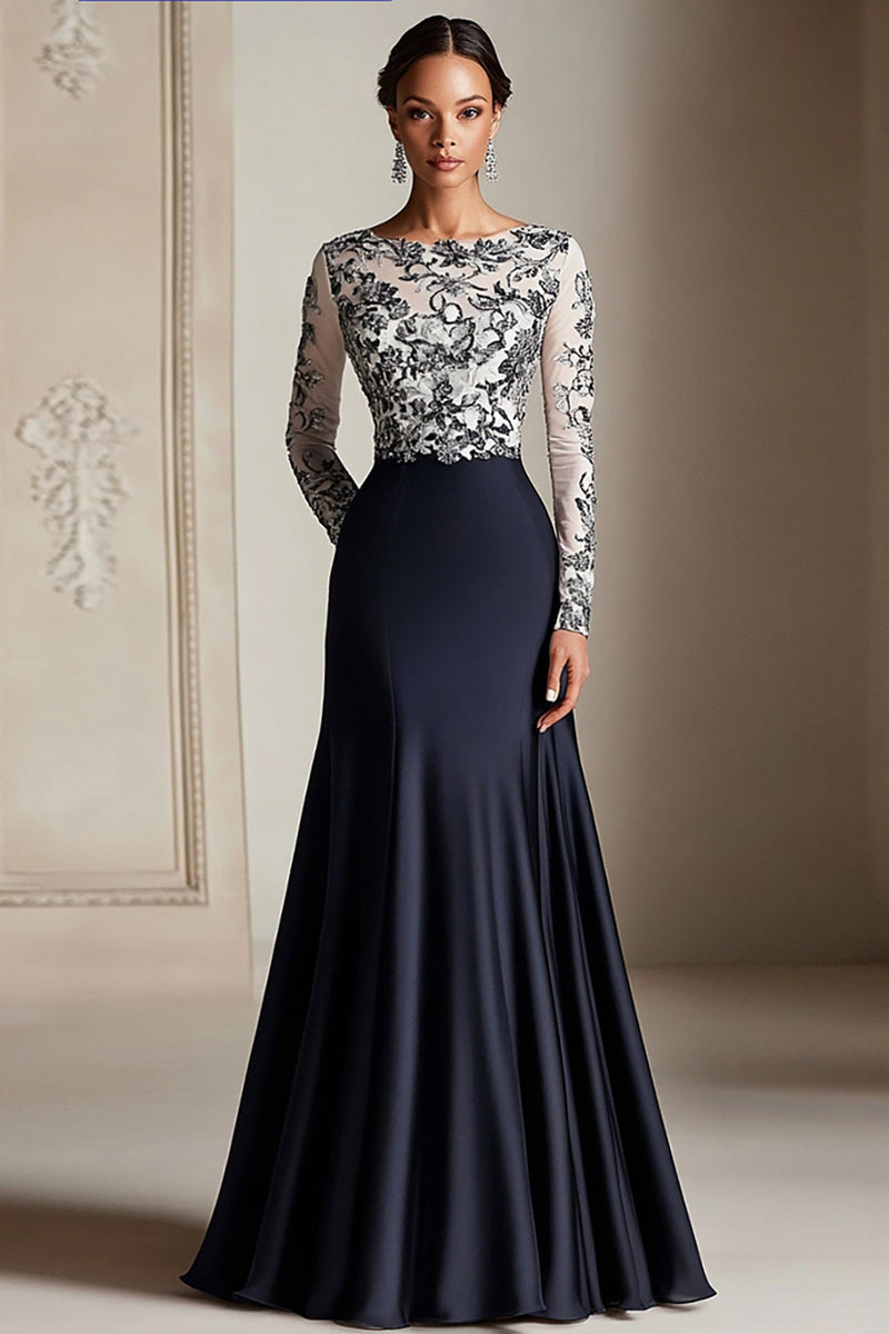 Load image into Gallery viewer, Black Sheath Scoop Neck Lace Mother of the Bride Dress with Long Sleeves