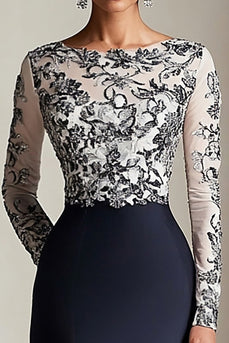 Black Sheath Scoop Neck Lace Mother of the Bride Dress with Long Sleeves