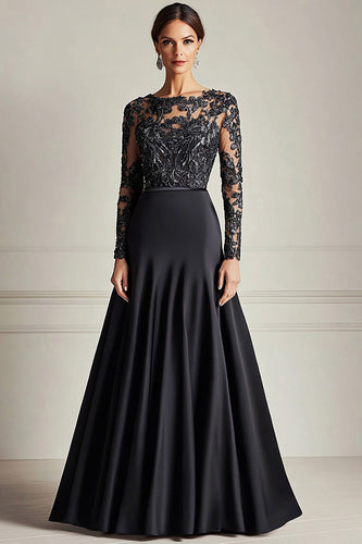 Black A Line Satin Lace Mother of the Bride Dress with Long Sleeves