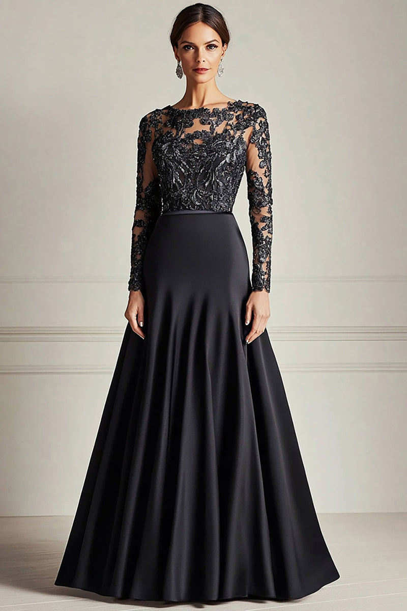 Load image into Gallery viewer, Black A Line Satin Lace Mother of the Bride Dress with Long Sleeves