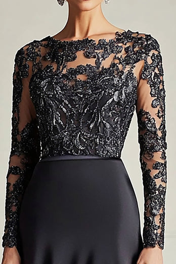 Black A Line Satin Lace Mother of the Bride Dress with Long Sleeves