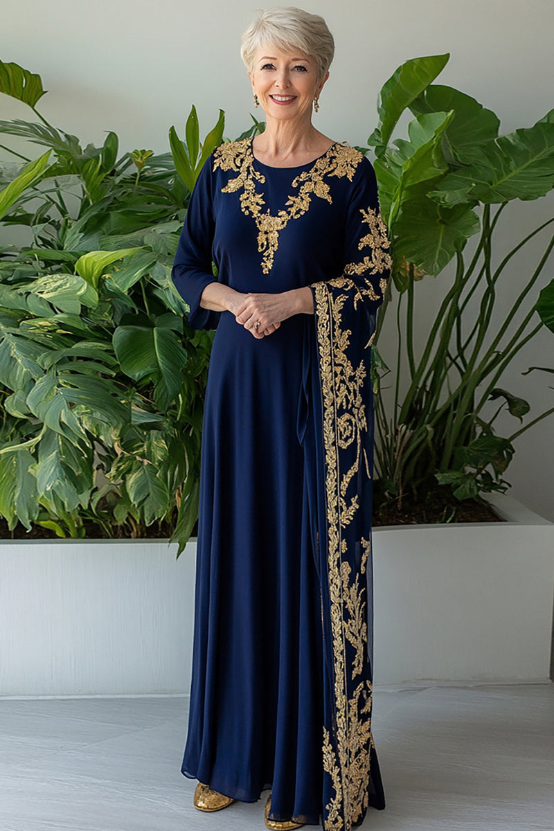 Load image into Gallery viewer, Navy Chiffon Lace Mother of the Bride Dress with Cape