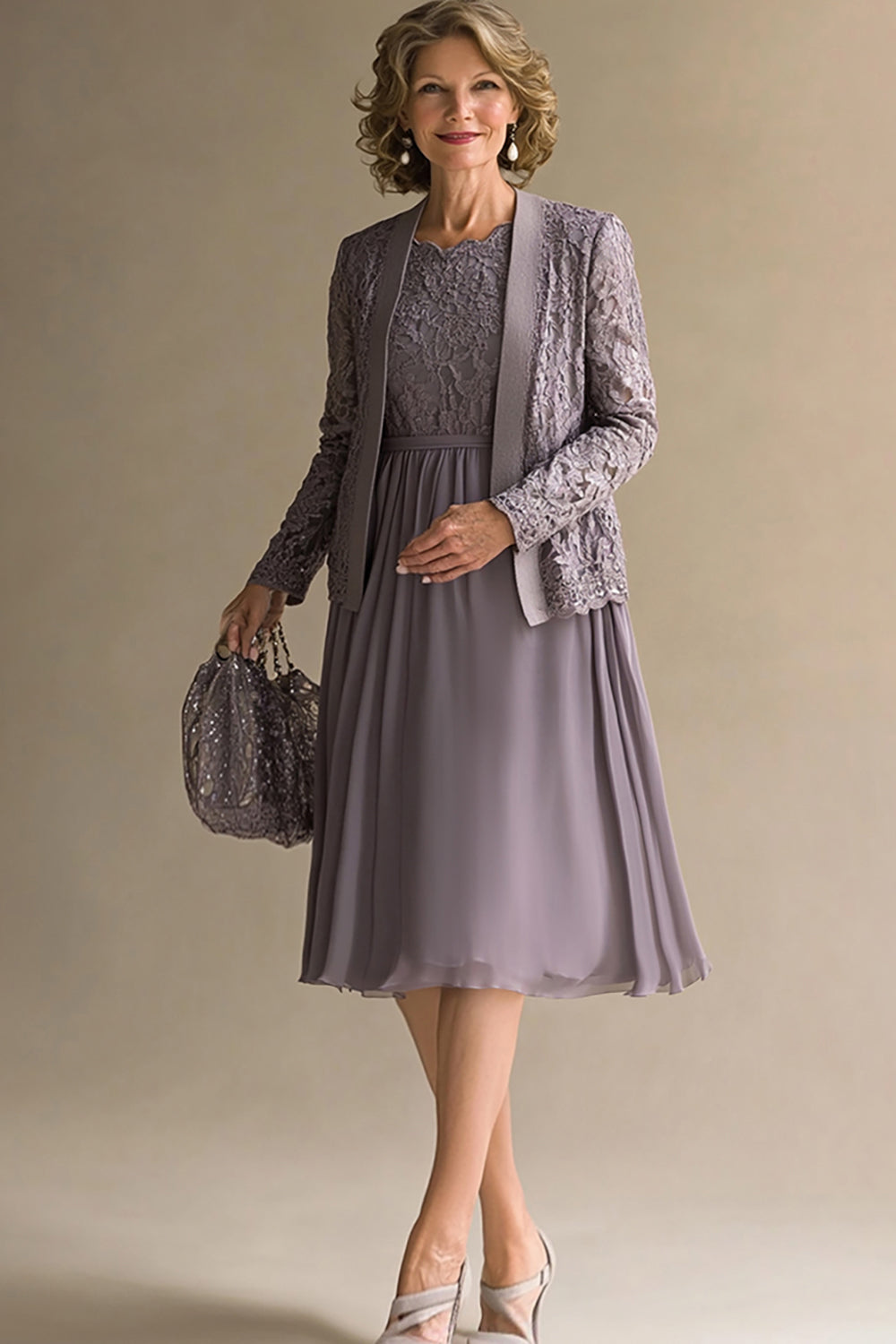 Vintage Mauve Chiffon Lace Midi-Length Mother of the Bride Dress with Jacket