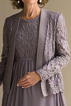 Vintage Mauve Chiffon Lace Midi-Length Mother of the Bride Dress with Jacket