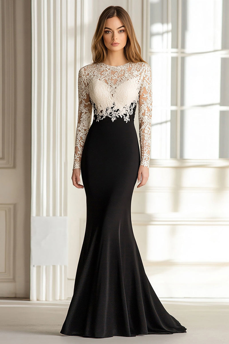 Load image into Gallery viewer, Black White Floor Length Lace Mermaid Mother of the Bride Dress with Long Sleeves