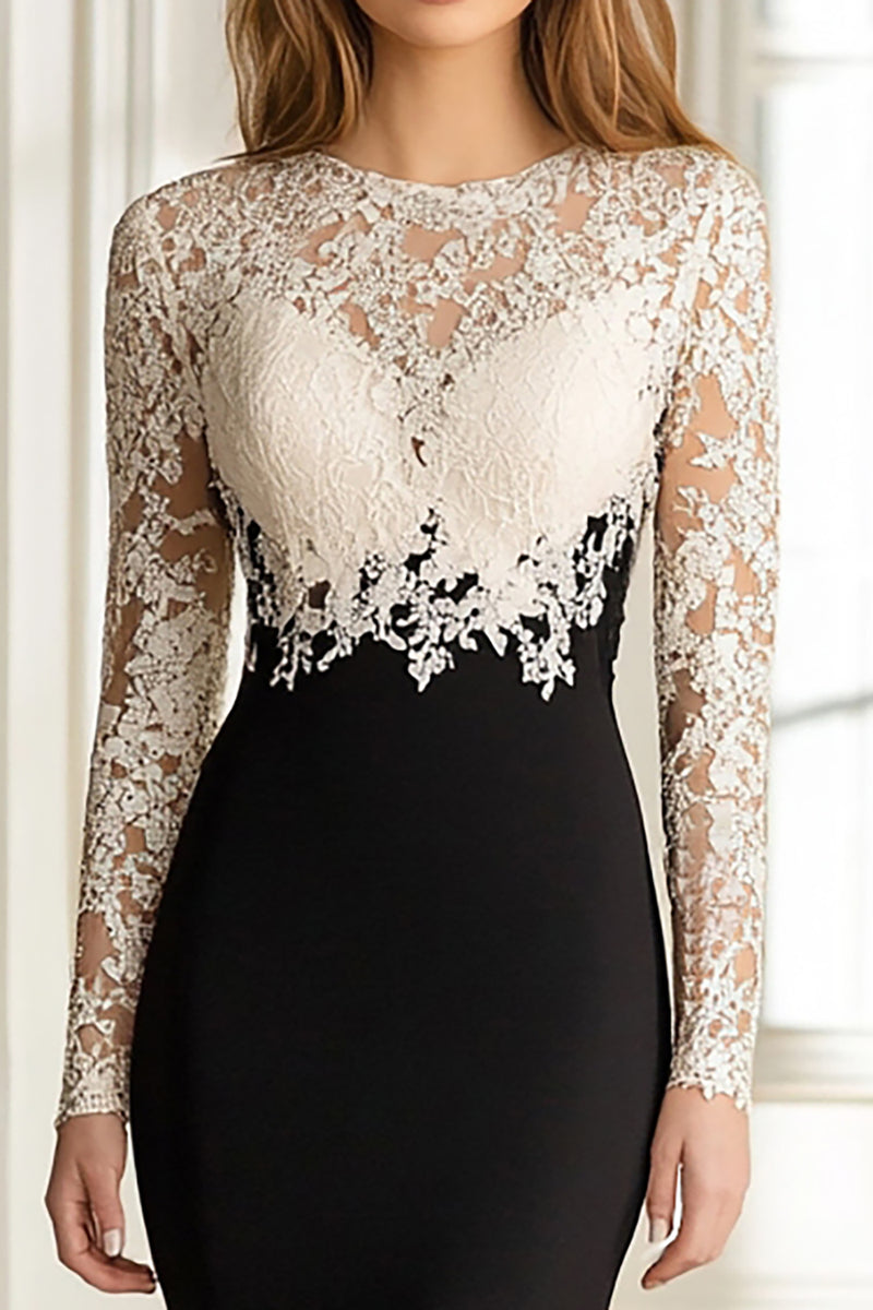 Load image into Gallery viewer, Black White Floor Length Lace Mermaid Mother of the Bride Dress with Long Sleeves