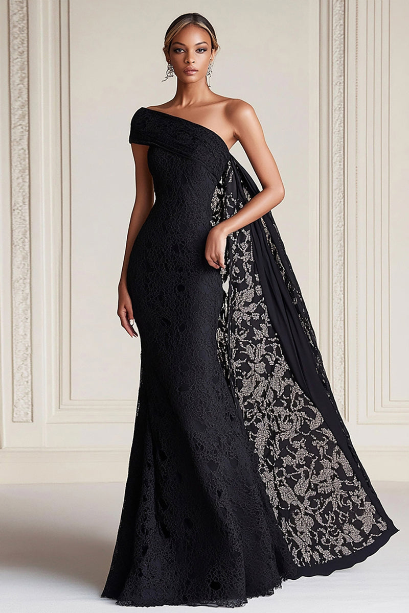 Load image into Gallery viewer, Black One Shoulder Sheath Mother of the Bride Dress with Lace Cape