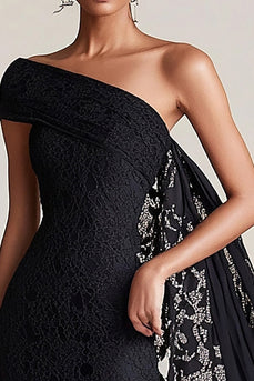 Black One Shoulder Sheath Mother of the Bride Dress with Lace Cape