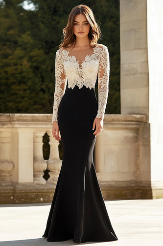 Black White V-Neck Sheath Mother of the Bride Dress with Lace Long Sleeves