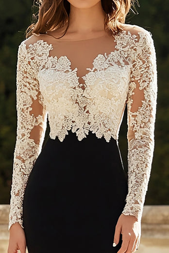 Black White V-Neck Sheath Mother of the Bride Dress with Lace Long Sleeves