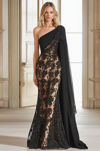 Black Lace Sheath Mother of the Bride Dress with One Shoulder Cape