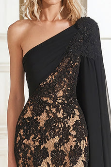 Black Lace Sheath Mother of the Bride Dress with One Shoulder Cape