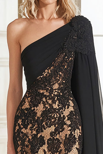 Black Lace Sheath Mother of the Bride Dress with One Shoulder Cape