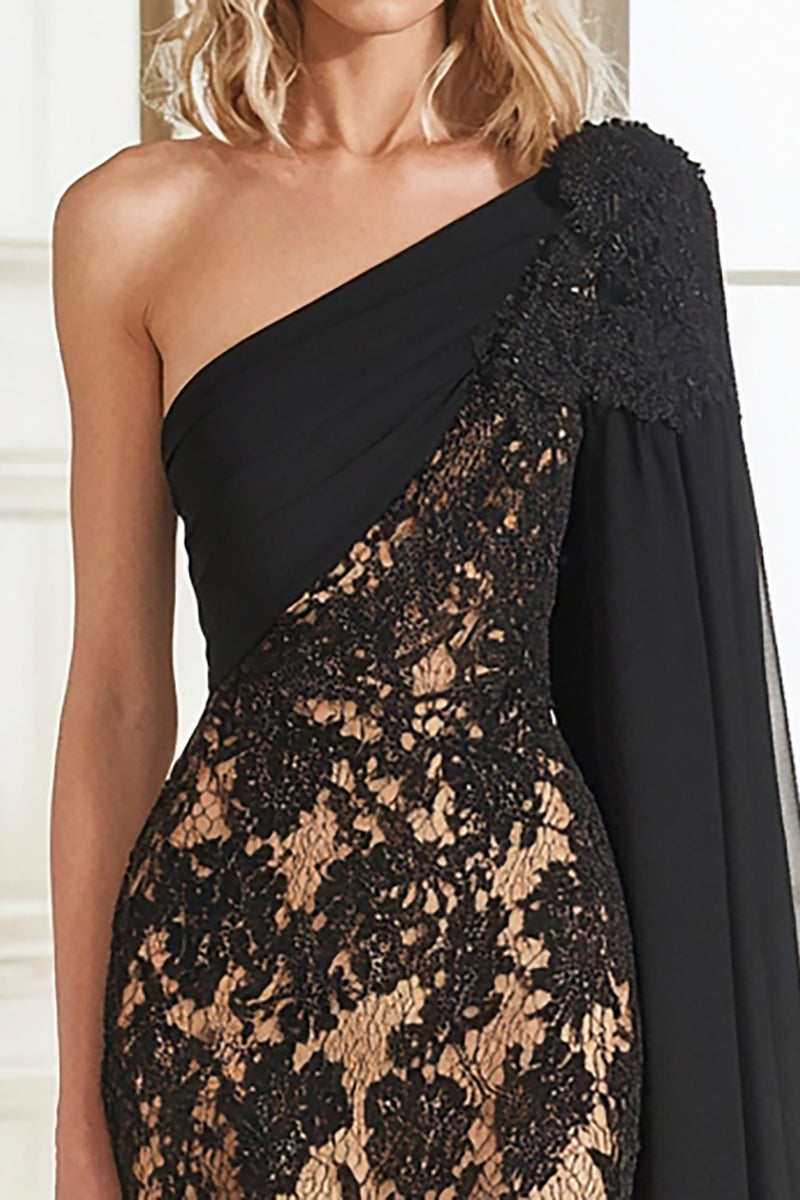 Load image into Gallery viewer, Black Lace Sheath Mother of the Bride Dress with One Shoulder Cape