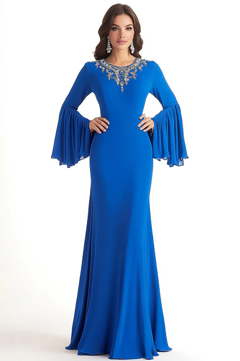 Load image into Gallery viewer, Royal Blue Embroideried Mother of the Bride Dress with Flowy Long Sleeves