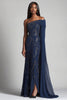 Load image into Gallery viewer, Navy Lace Sheath Mother of the Bride Dress with One Shoulder Cape