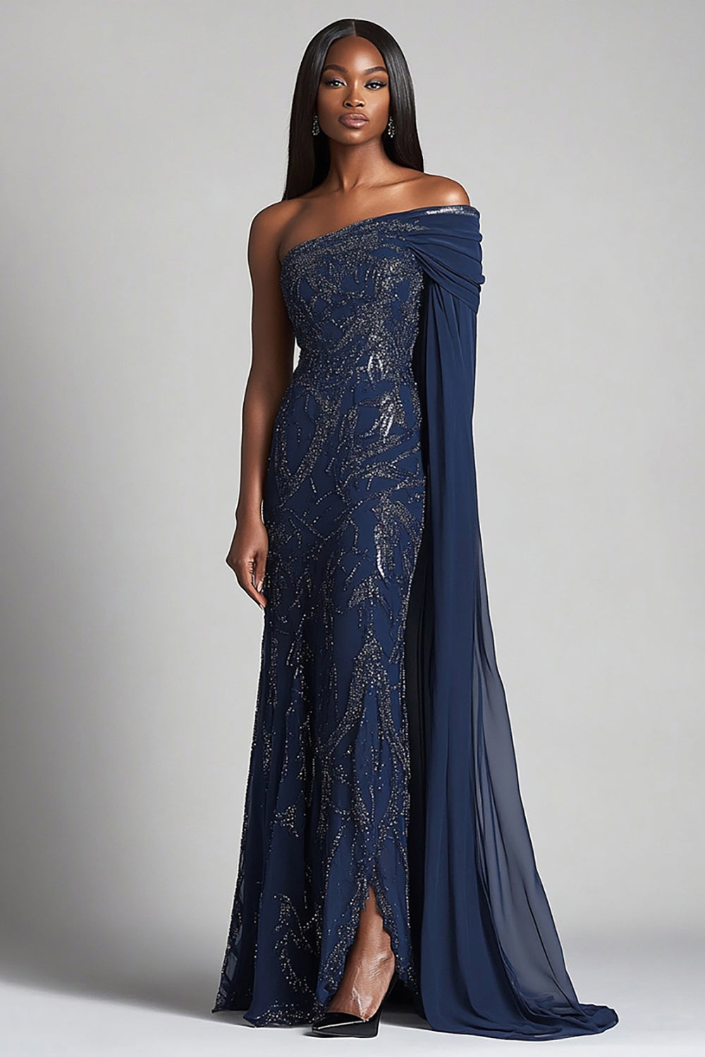 Navy Lace Sheath Mother of the Bride Dress with One Shoulder Cape