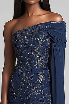 Navy Lace Sheath Mother of the Bride Dress with One Shoulder Cape