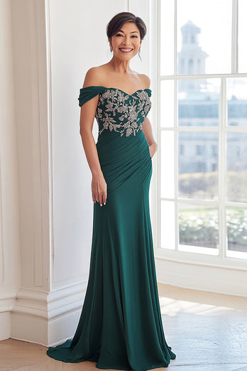 Dark Green Sheath Ruched Off The Shoulder Mother of the Bride Dress with Lace