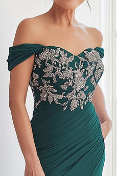 Dark Green Sheath Ruched Off The Shoulder Mother of the Bride Dress with Lace