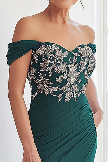 Dark Green Sheath Ruched Off The Shoulder Mother of the Bride Dress with Lace