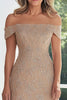 Load image into Gallery viewer, Off The Shoulder Taupe Sheath Mother of the Bride Dress with Lace