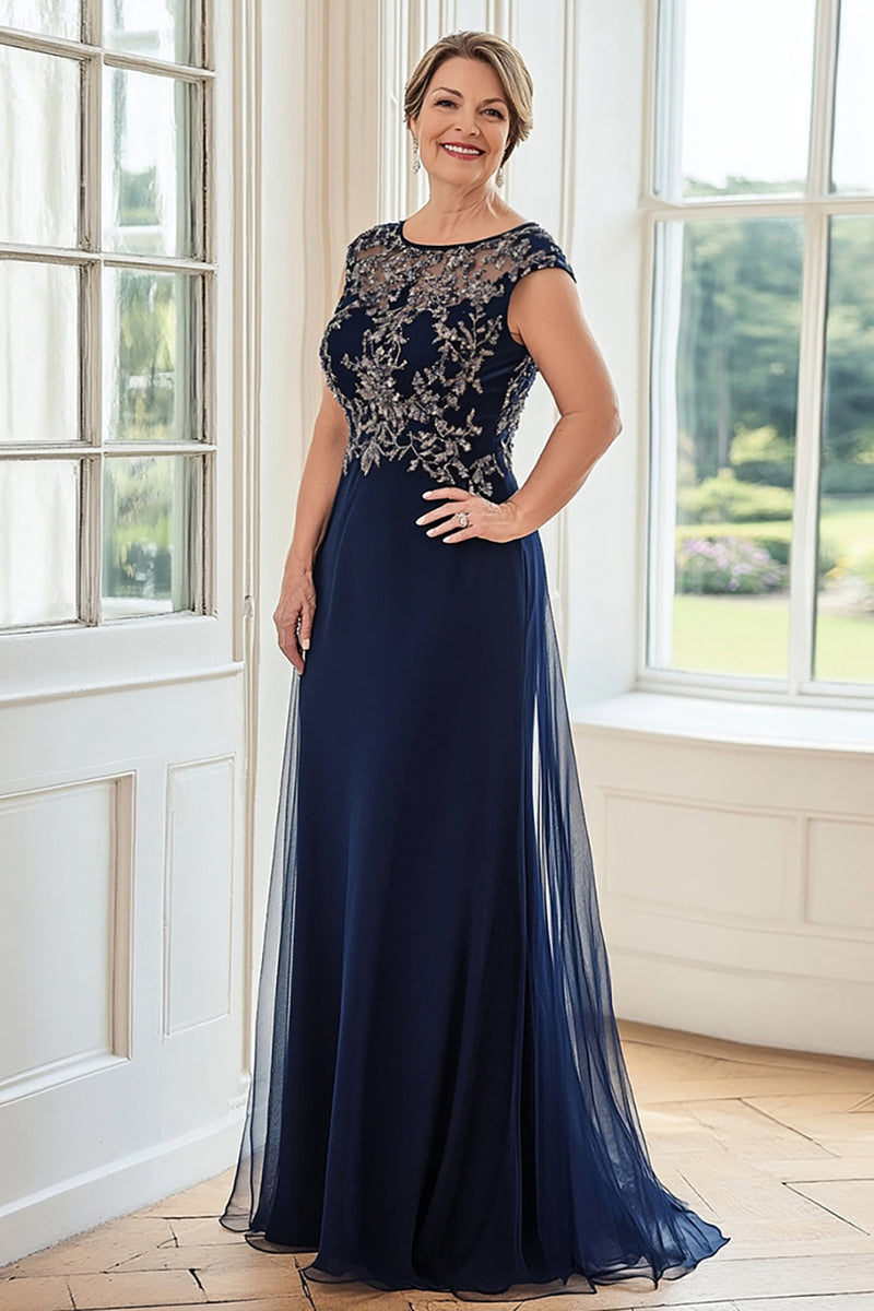 Load image into Gallery viewer, Navy Tulle Sheath Mother of the Bride Dress with Lace