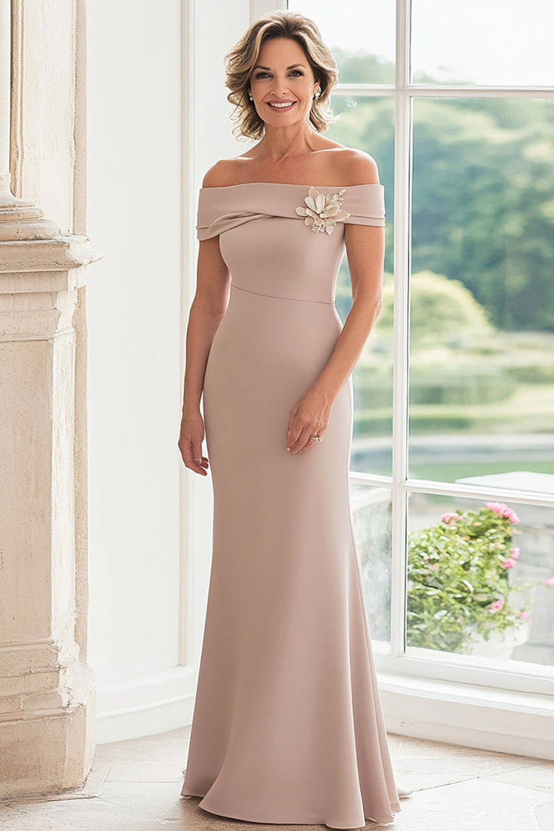 Load image into Gallery viewer, Taupe Satin Off The Shoulder Mother of the Bride Dress with 3D Flowers