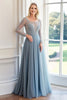 Load image into Gallery viewer, Grey Blue A Line Lace Boat Neck Mother of the Bride Dress with Tulle