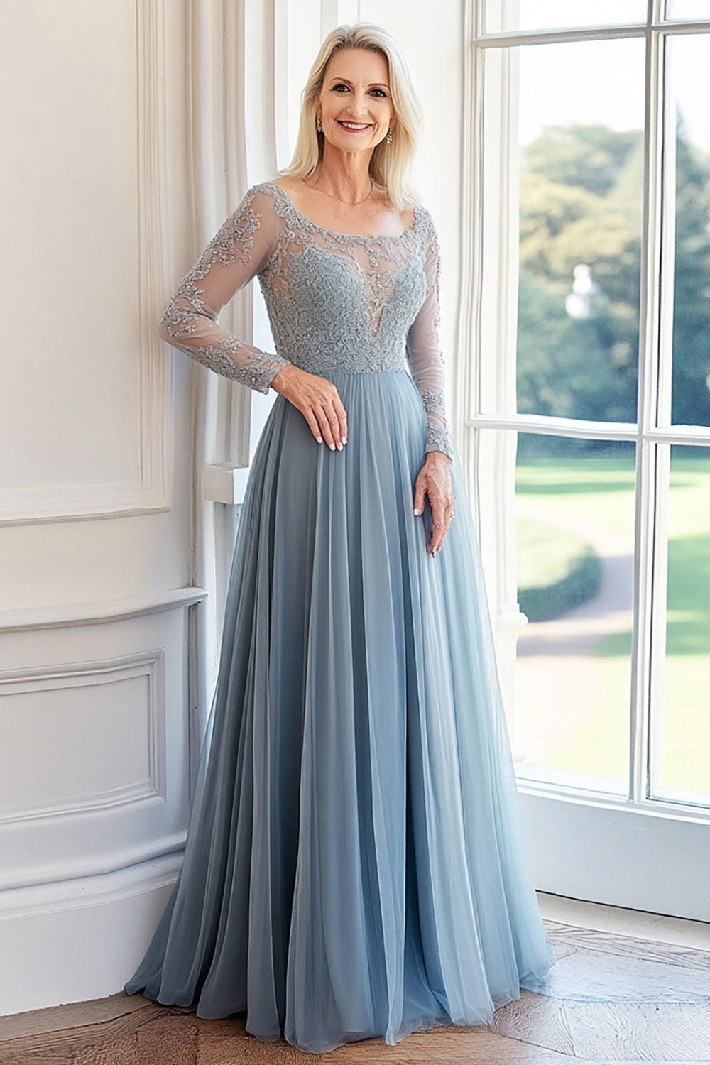 Grey Blue A Line Lace Boat Neck Mother of the Bride Dress with Tulle