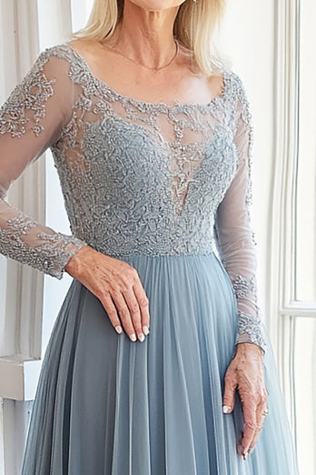 Grey Blue A Line Lace Boat Neck Mother of the Bride Dress with Tulle