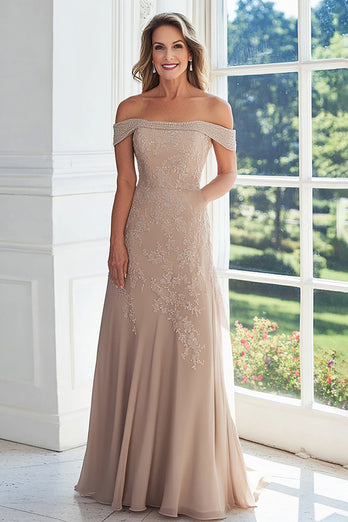 Elegant Taupe A Line Off The Shoulder Mother of the Bride Dress with Lace