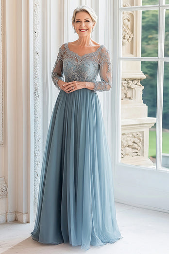 Elegant Grey Blue Tulle A Line Mother of the Bride Dress with Long Sleeves