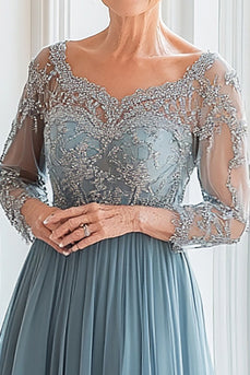 Elegant Grey Blue Tulle A Line Mother of the Bride Dress with Long Sleeves